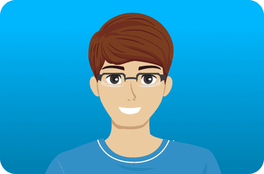 Cartoon of a smiling college student wearing glasses